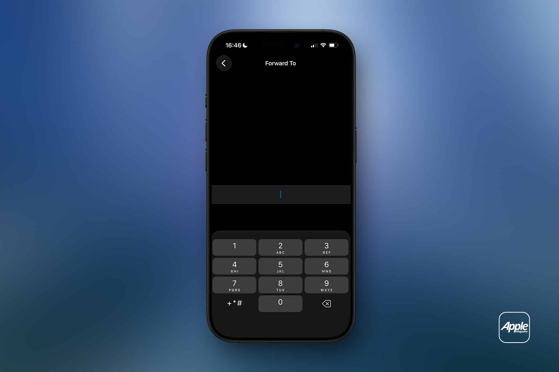 An iPhone displays a “Forward To” screen with a numeric keypad, prompting the user to enter a number—perfect for configuring call forwarding within iPhone settings. The background features a blue gradient, with an Apple logo in the lower right corner, emphasizing seamless cellular service management.