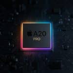 A glowing microchip labeled “Apple A20 Pro” sits on a dark circuit board, illuminated by colorful neon edges. The Apple logo appears in the corner, hinting at the powerful 2nm processor that will drive the future of the iPhone 18 lineup.
