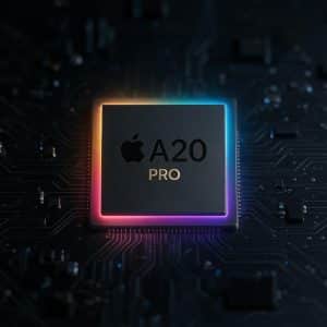 A glowing microchip labeled “Apple A20 Pro” sits on a dark circuit board, illuminated by colorful neon edges. The Apple logo appears in the corner, hinting at the powerful 2nm processor that will drive the future of the iPhone 18 lineup.
