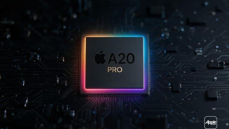 A glowing microchip labeled “Apple A20 Pro” sits on a dark circuit board, illuminated by colorful neon edges. The Apple logo appears in the corner, hinting at the powerful 2nm processor that will drive the future of the iPhone 18 lineup.