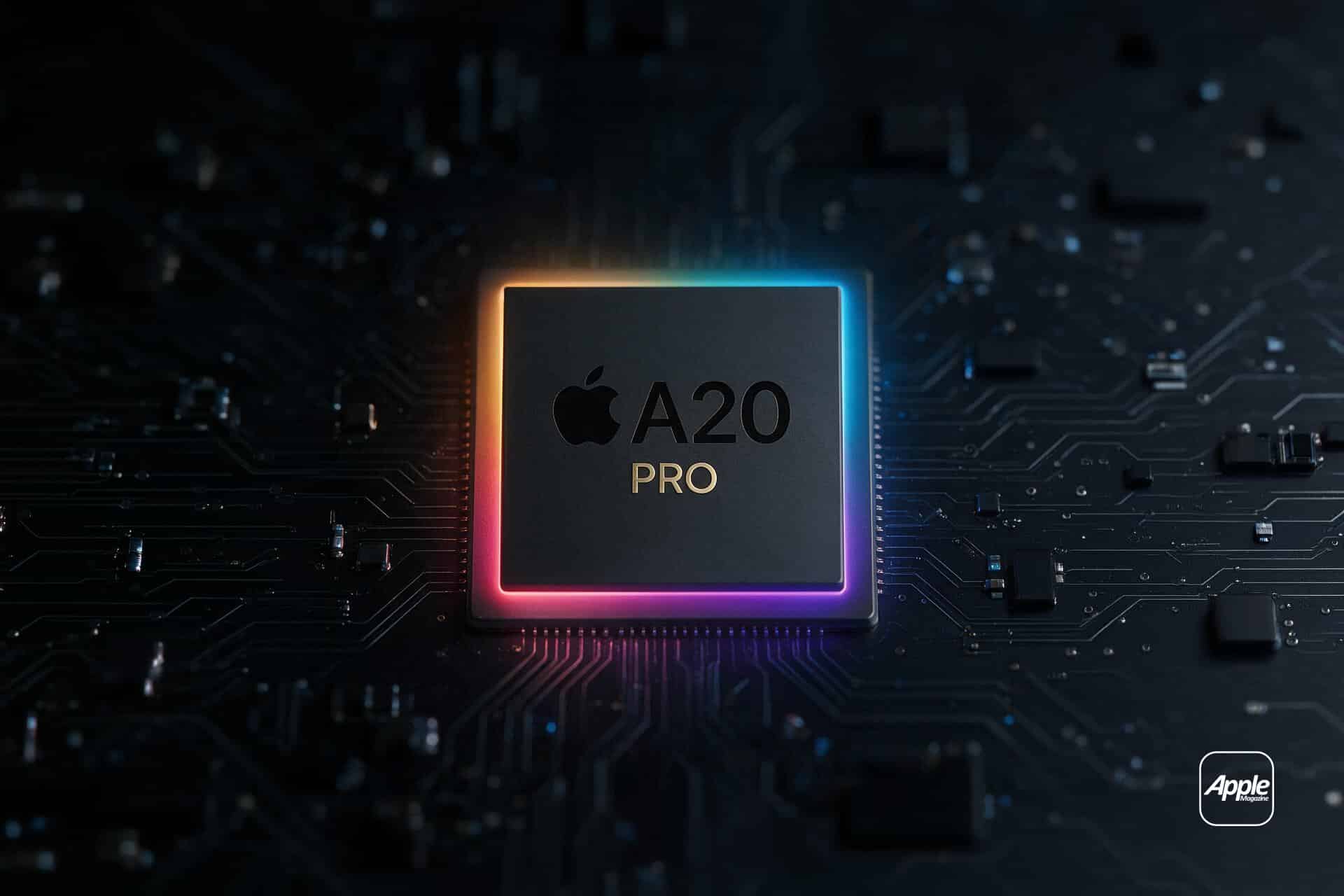 A glowing microchip labeled “Apple A20 Pro” sits on a dark circuit board, illuminated by colorful neon edges. The Apple logo appears in the corner, hinting at the powerful 2nm processor that will drive the future of the iPhone 18 lineup.