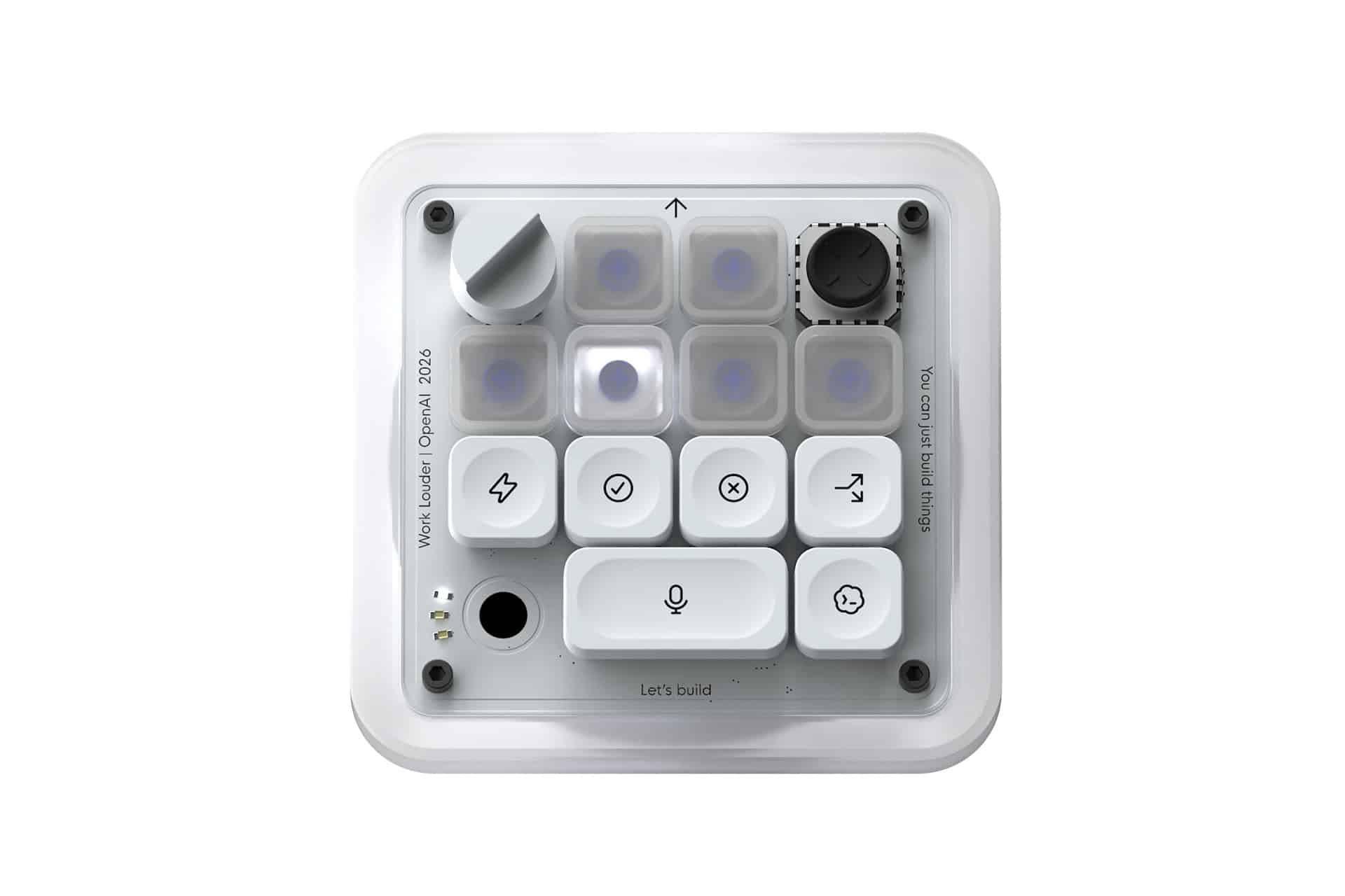 A white, square electronic device with labeled buttons, dials, and ports arranged in a grid. Some buttons have icons like lightning bolts and a microphone—reminiscent of innovative OpenAI hardware. Text reads “Let’s build” and “Work Louder Open/OS 2023,” hinting at creativity and collaboration for the future of tech with ChatGPT integration.