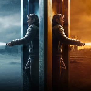A man stands between two worlds, holding a flashlight; one side is icy blue with snow, the other is warm orange with a ruined city—a scene reminiscent of the gripping visuals teased in the Dark Matter trailer unveiled at San Diego Comic-Con.