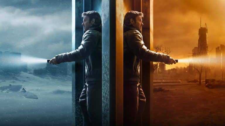 A man stands between two worlds, holding a flashlight; one side is icy blue with snow, the other is warm orange with a ruined city—a scene reminiscent of the gripping visuals teased in the Dark Matter trailer unveiled at San Diego Comic-Con.