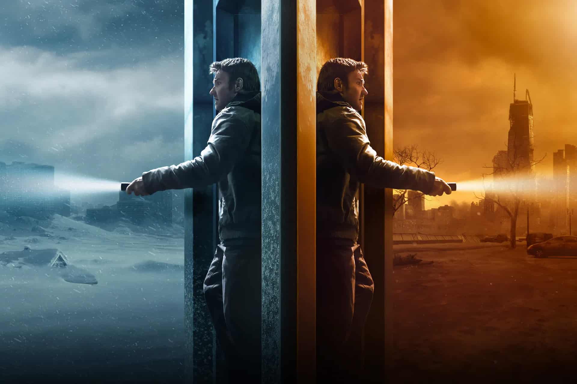A man stands between two worlds, holding a flashlight; one side is icy blue with snow, the other is warm orange with a ruined city—a scene reminiscent of the gripping visuals teased in the Dark Matter trailer unveiled at San Diego Comic-Con.