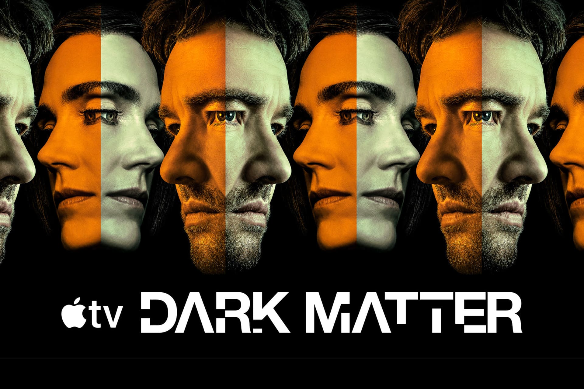 Dark Matter season 2 - Six repeating faces of a woman and man with orange stripes, reflected in profile, above the Apple TV logo and the bold title “Dark Matter” on a black background—evoking imagery from the striking Dark Matter trailer revealed at San Diego Comic-Con.