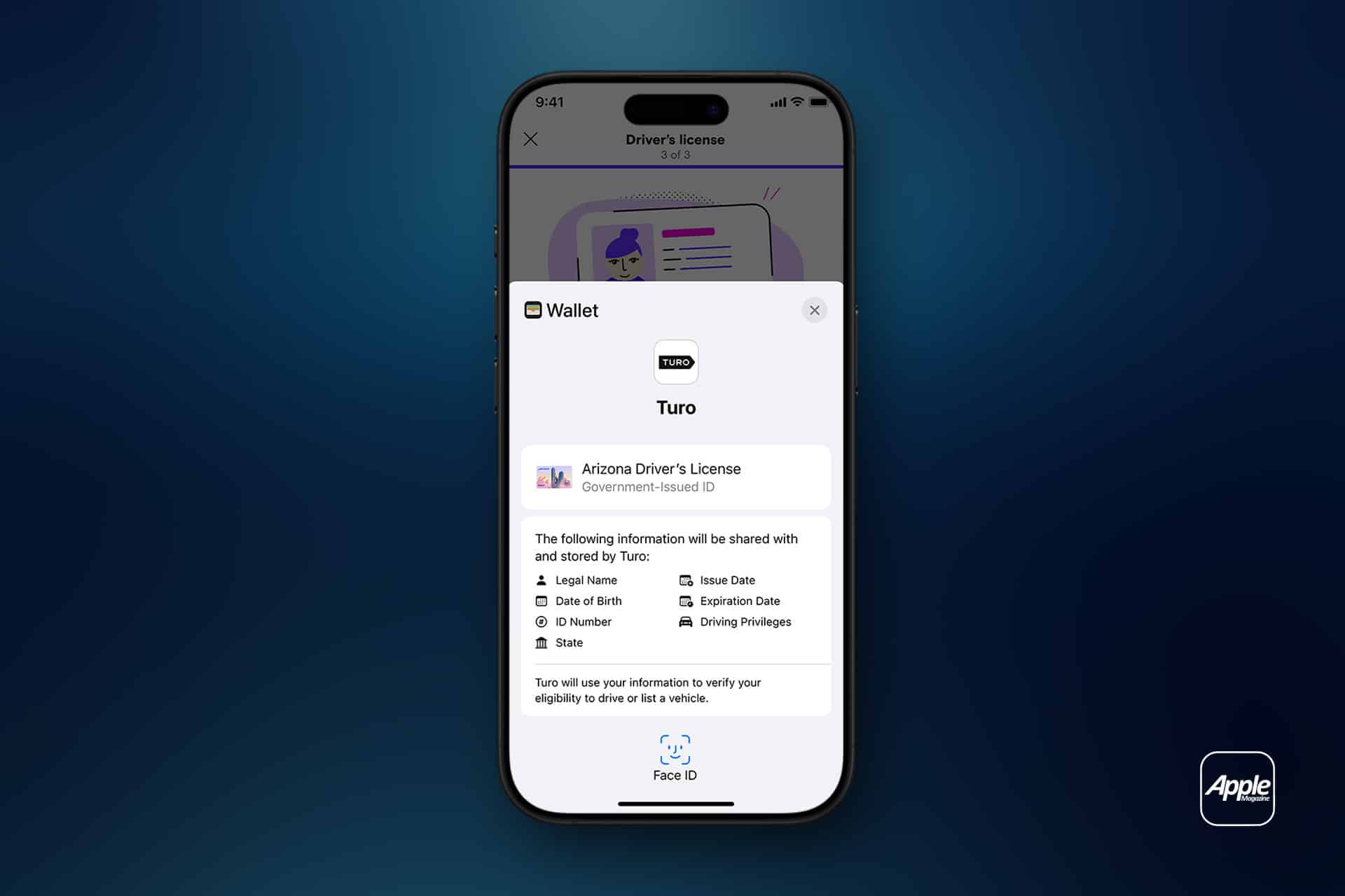 A smartphone displays an Apple Wallet app sharing an Apple Digital ID version of an Arizona driver's license with Turo, listing info like legal name, ID number, birth date, and driving privileges. The Apple logo appears at the bottom right.
