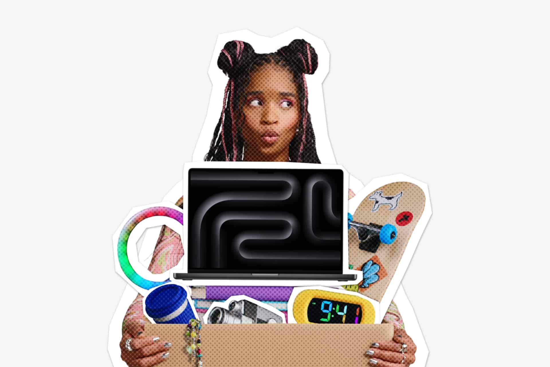 A person with space buns holds a box filled with various items, including a laptop, skateboard, clock, camera, and colorful toys, on a plain light background—capturing the excitement of Back to School season and the rush to catch Apple student deals before the Apple Back to School deadline.