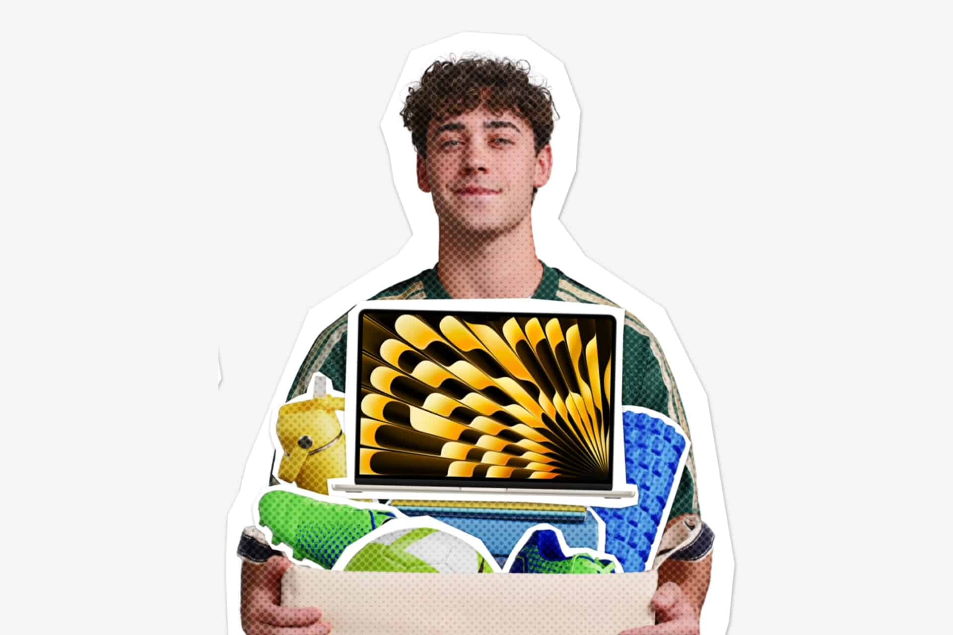 A young man holds a basket filled with colorful sneakers and a water bottle, with a laptop displaying a yellow abstract design placed on top—perfectly capturing the energy of Back to School season.