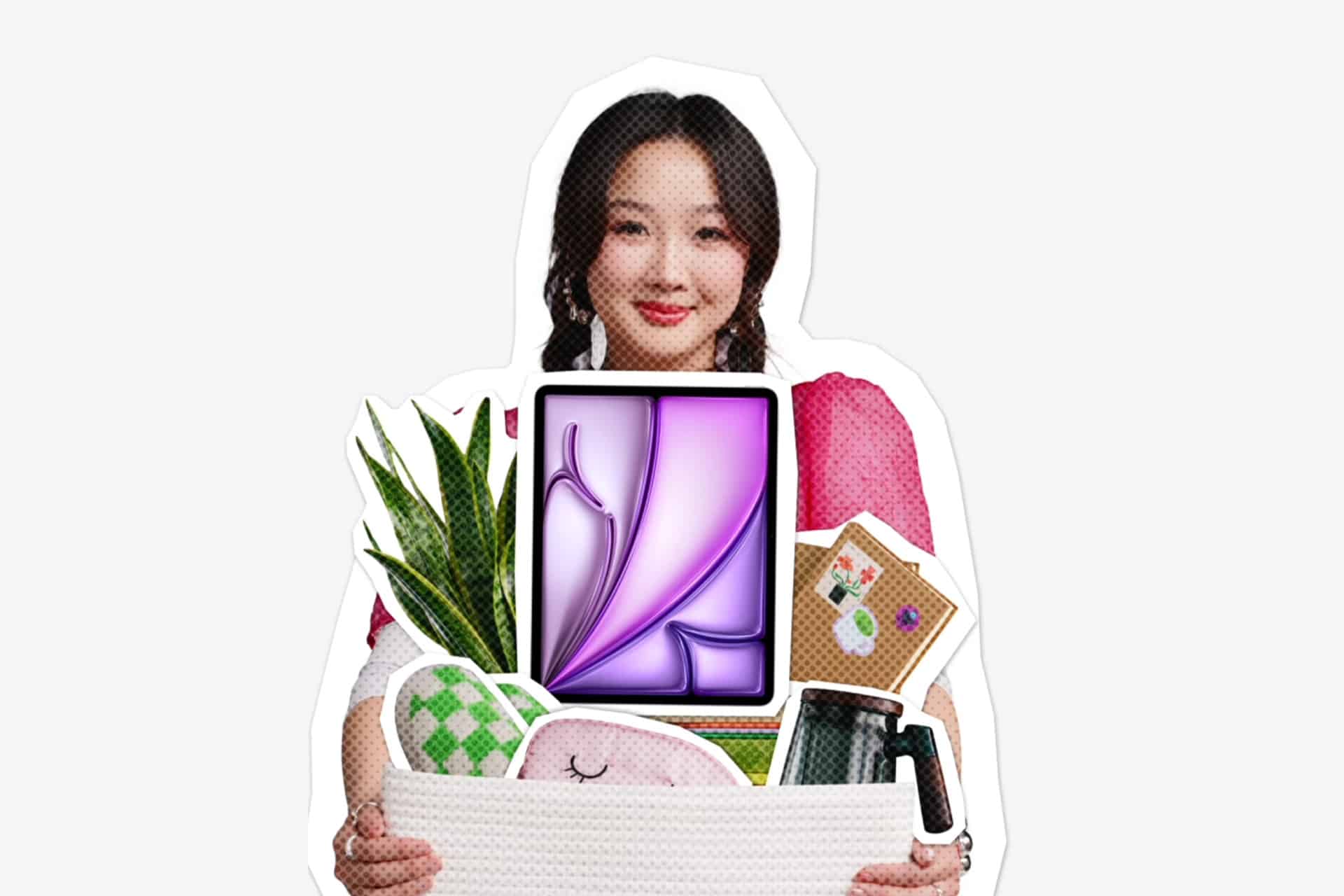 Apple Back to School deadline -  A woman in a pink top holds a box filled with a plant, cushion, mug, office supplies, and a large Notion and Arc Browser logo—she’s ready for her new semester after catching the latest Apple student deals before the Apple Back to School deadline.