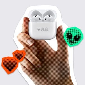 A hand holds a white wireless earbud case with earbuds inside, perfect for boosting study focus or enjoying Active Noise Cancellation. The image is stylized with dotted textures and features orange and green pixelated shapes with smiling faces.