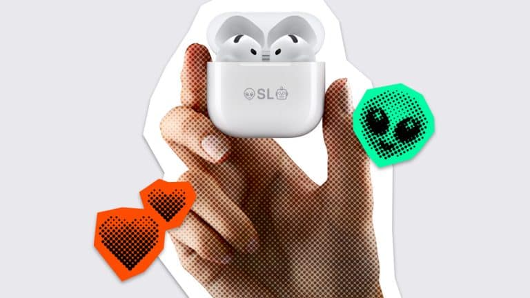 A hand holds a white wireless earbud case with earbuds inside, perfect for boosting study focus or enjoying Active Noise Cancellation. The image is stylized with dotted textures and features orange and green pixelated shapes with smiling faces.