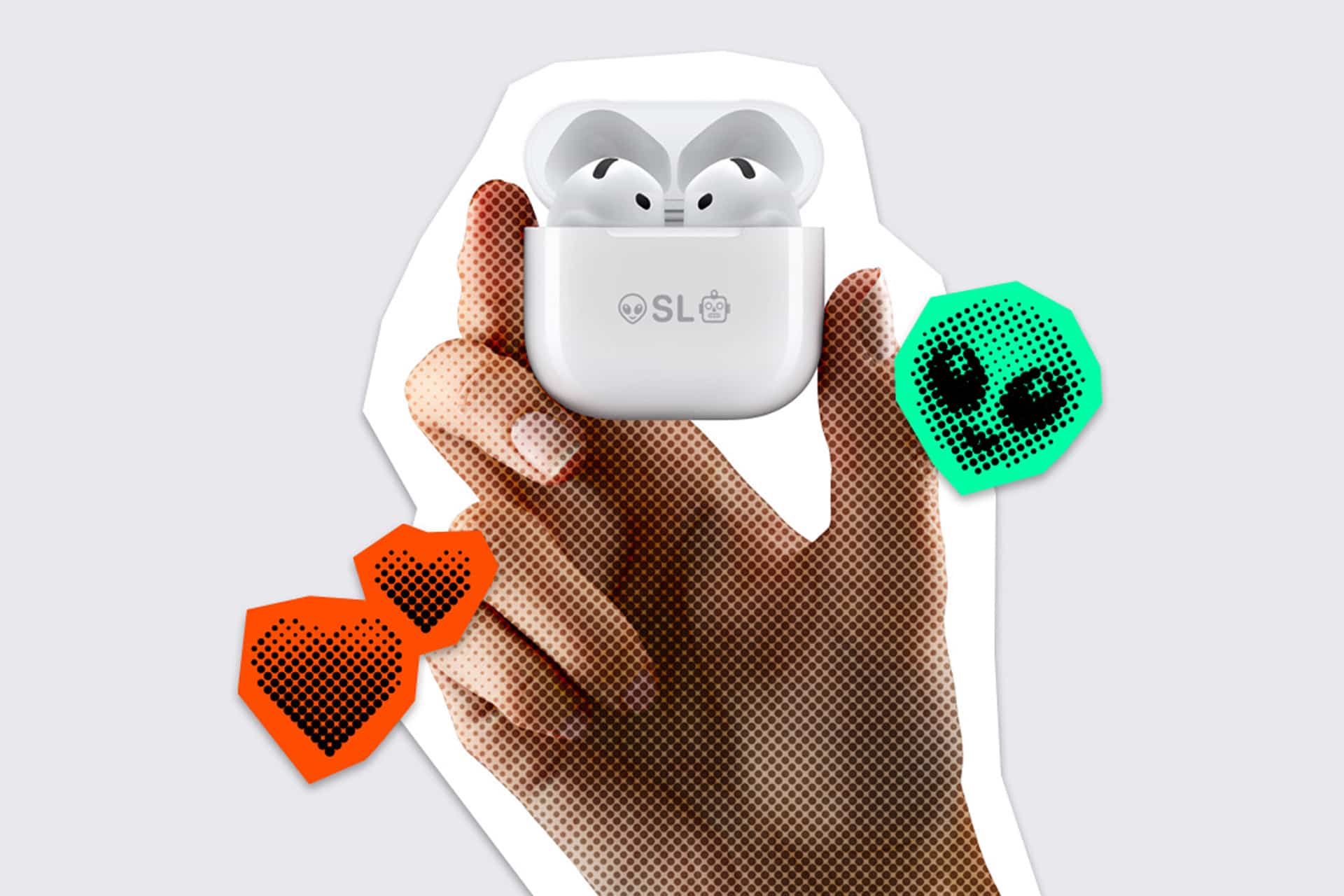 A hand holds a white wireless earbud case with earbuds inside, perfect for boosting study focus or enjoying Active Noise Cancellation. The image is stylized with dotted textures and features orange and green pixelated shapes with smiling faces.