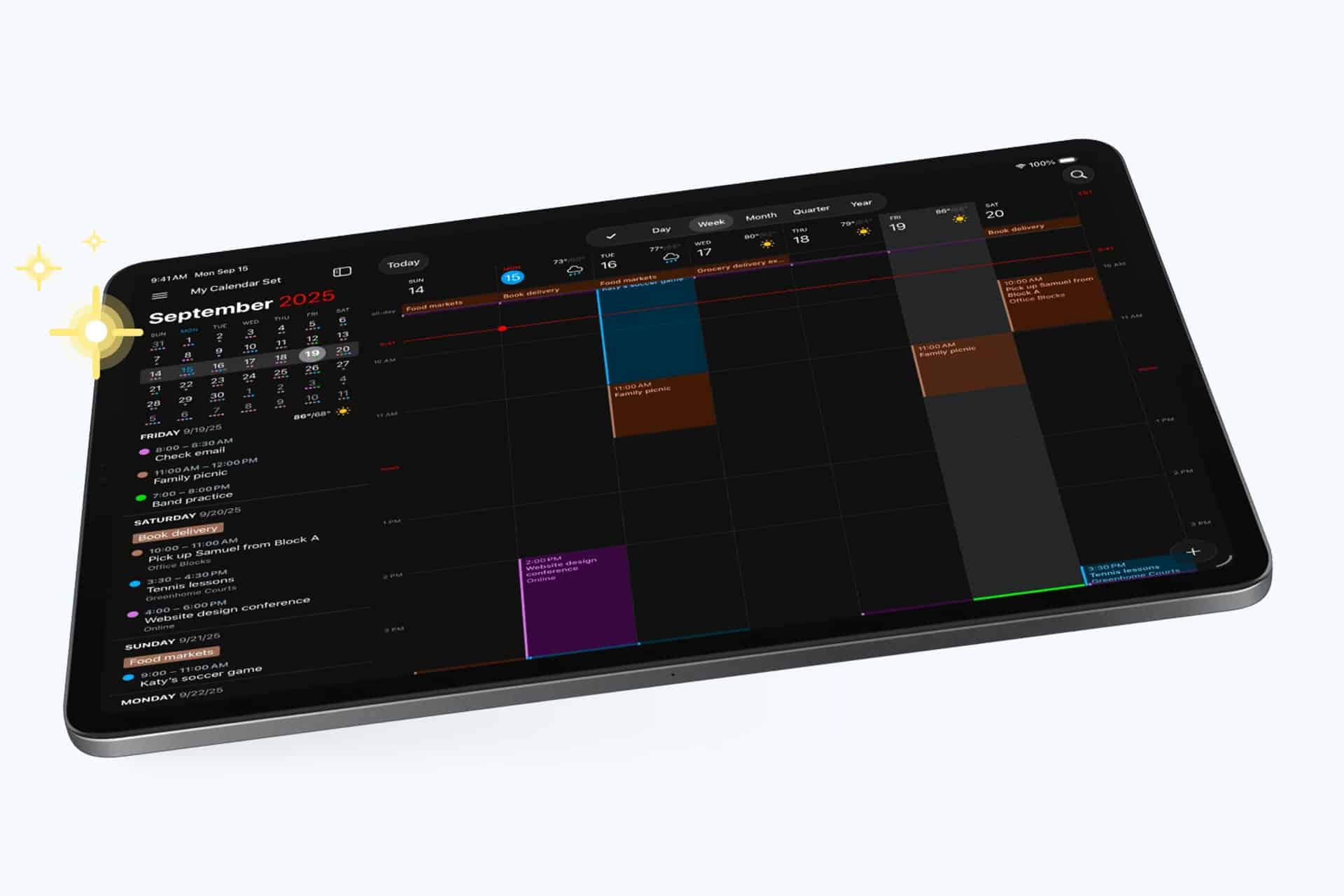 A tablet displays a digital calendar in dark mode, showing a weekly schedule for September 2025 with various colored events and a highlighted date—an ideal setup for seamless digital planning with the best digital planners.