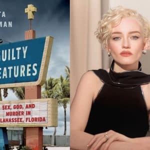 A book cover for "Guilty Creatures" by Mikita Brottman features a retro motel sign, echoing the mood of an Apple TV thriller, with the subtitle "Sex, God, and Murder in Tallahassee, Florida" and a stylish blonde woman in a black dress beside it.