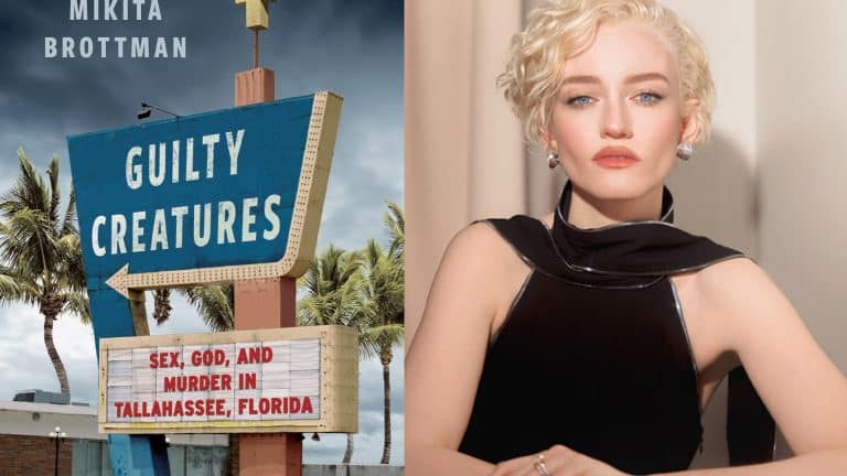A book cover for "Guilty Creatures" by Mikita Brottman features a retro motel sign, echoing the mood of an Apple TV thriller, with the subtitle "Sex, God, and Murder in Tallahassee, Florida" and a stylish blonde woman in a black dress beside it.