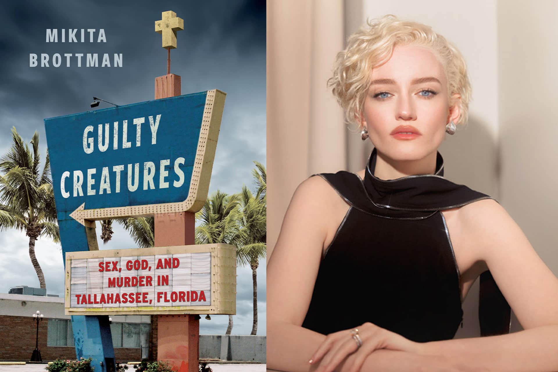 A book cover for "Guilty Creatures" by Mikita Brottman features a retro motel sign, echoing the mood of an Apple TV thriller, with the subtitle "Sex, God, and Murder in Tallahassee, Florida" and a stylish blonde woman in a black dress beside it.