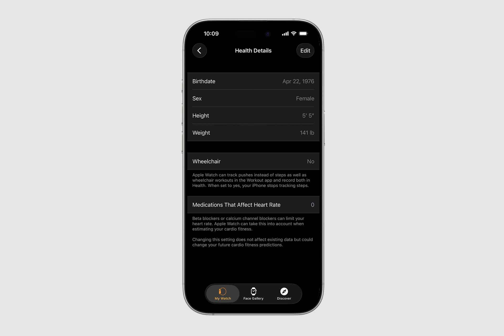 An iPhone displays the Health Details screen, showing birthdate, sex, height, and weight information, along with wheelchair and medication details in the Health App’s dark mode. This detailed view allows users to easily manage their iPhone health data and access vital health records all in one place.