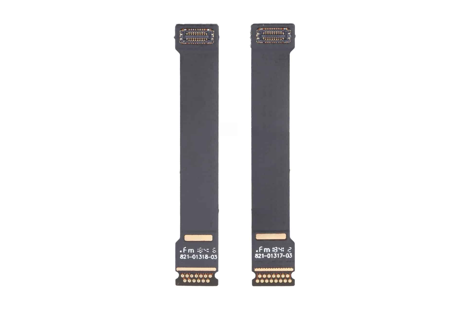 Two black ribbon cables with gold connectors on each end, positioned vertically side by side against a white background. Often associated with MacBook Air screen repairs and Flexgate issues, each cable has small white text and symbols near the bottom connectors.