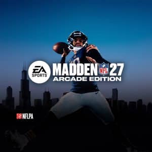 A football player in uniform throws a football with a city skyline in the background. The text reads "EA Sports Madden NFL 27 Arcade Edition," highlighting the excitement of the Madden NFL 27 series from EA Sports. The NFLPA logo is at the bottom left.