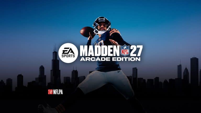 A football player in uniform throws a football with a city skyline in the background. The text reads "EA Sports Madden NFL 27 Arcade Edition," highlighting the excitement of the Madden NFL 27 series from EA Sports. The NFLPA logo is at the bottom left.