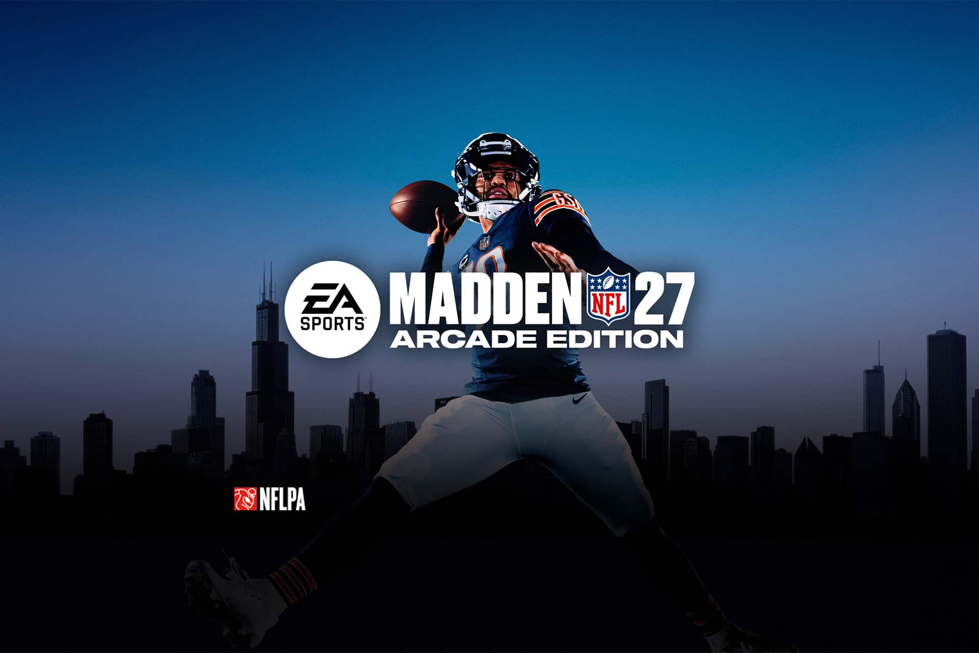 A football player in uniform throws a football with a city skyline in the background. The text reads "EA Sports Madden NFL 27 Arcade Edition," highlighting the excitement of the Madden NFL 27 series from EA Sports. The NFLPA logo is at the bottom left.