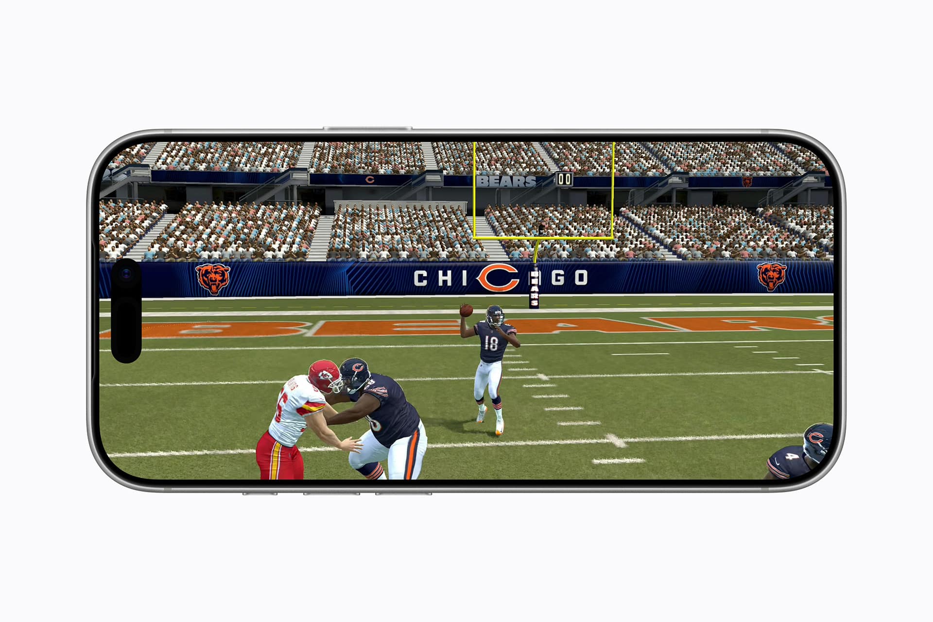 A football video game from Apple Arcade is displayed on a smartphone. The screen shows a player from the Chicago Bears about to throw a pass as a defender from the opposing team attempts to tackle him on the field, delivering an authentic NFL games experience.