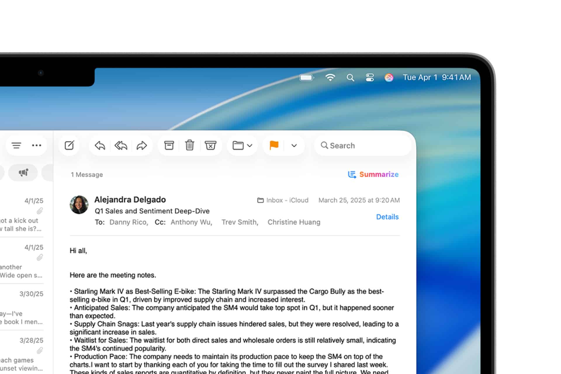 A laptop screen displays the Apple Mail app with a message titled "Q1 Sales and Sentiment Deep-Dive" from Alejandra Delgado. The date is March 25, 2025, and the system clock shows it’s Tuesday, April 1, 9:41 AM. Subtle hints of Apple Intelligence can be seen enhancing email summaries for improved productivity.