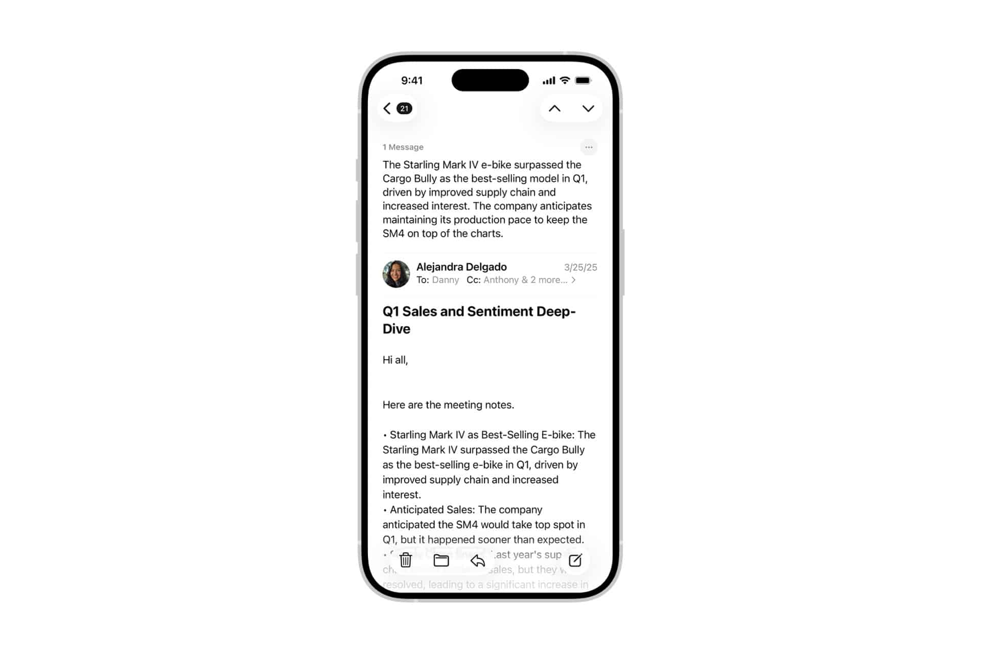 A smartphone displays an email titled "Q1 Sales and Sentiment Deep-Dive" with meeting notes, enhanced by Mail Intelligence features such as email summaries, mentioning sales, product ratings, and performance comparisons for The Starling Mark IV and Cargo Bully.