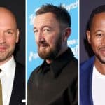 Three men stand separately in a three-panel collage, each dressed formally and smiling. The left man is bald and wears a suit, the center man has short hair and a beard, and the right man has short hair and a goatee—reminiscent of cast portraits from Monarch Legacy of Monsters on Apple TV.