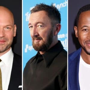 Three men stand separately in a three-panel collage, each dressed formally and smiling. The left man is bald and wears a suit, the center man has short hair and a beard, and the right man has short hair and a goatee—reminiscent of cast portraits from Monarch Legacy of Monsters on Apple TV.