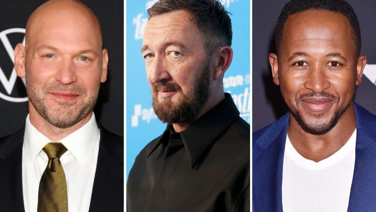 Three men stand separately in a three-panel collage, each dressed formally and smiling. The left man is bald and wears a suit, the center man has short hair and a beard, and the right man has short hair and a goatee—reminiscent of cast portraits from Monarch Legacy of Monsters on Apple TV.