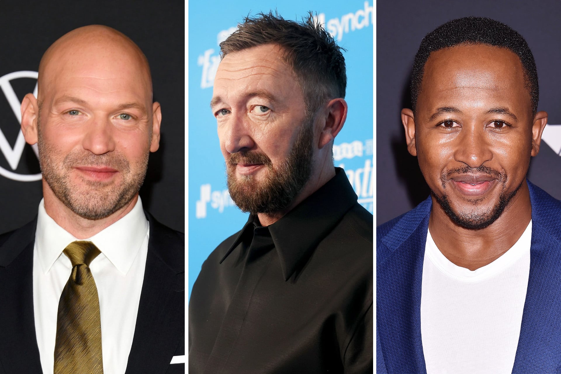 Three men stand separately in a three-panel collage, each dressed formally and smiling. The left man is bald and wears a suit, the center man has short hair and a beard, and the right man has short hair and a goatee—reminiscent of cast portraits from Monarch Legacy of Monsters on Apple TV.