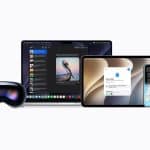 A set of Apple devices—laptop, tablet, smartwatch, smartphone, and headset—are displayed in a row on a white background, showcasing various apps and interfaces on their screens and highlighting the device longevity that Apple products are known for.