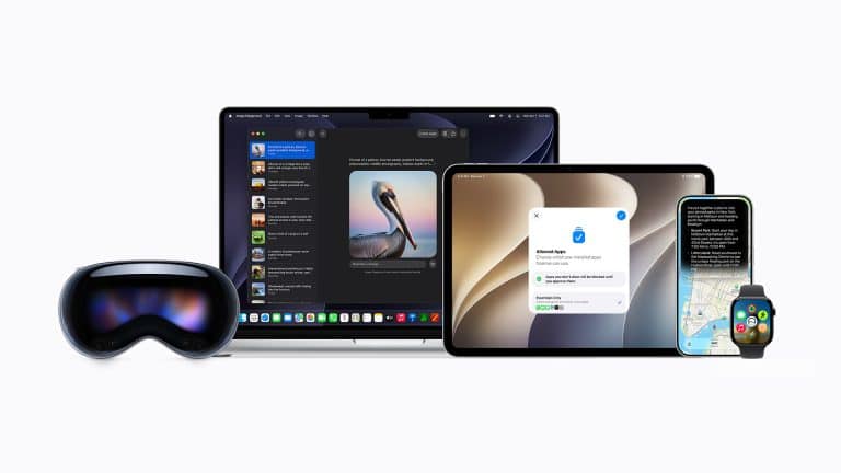 A set of Apple devices—laptop, tablet, smartwatch, smartphone, and headset—are displayed in a row on a white background, showcasing various apps and interfaces on their screens and highlighting the device longevity that Apple products are known for.