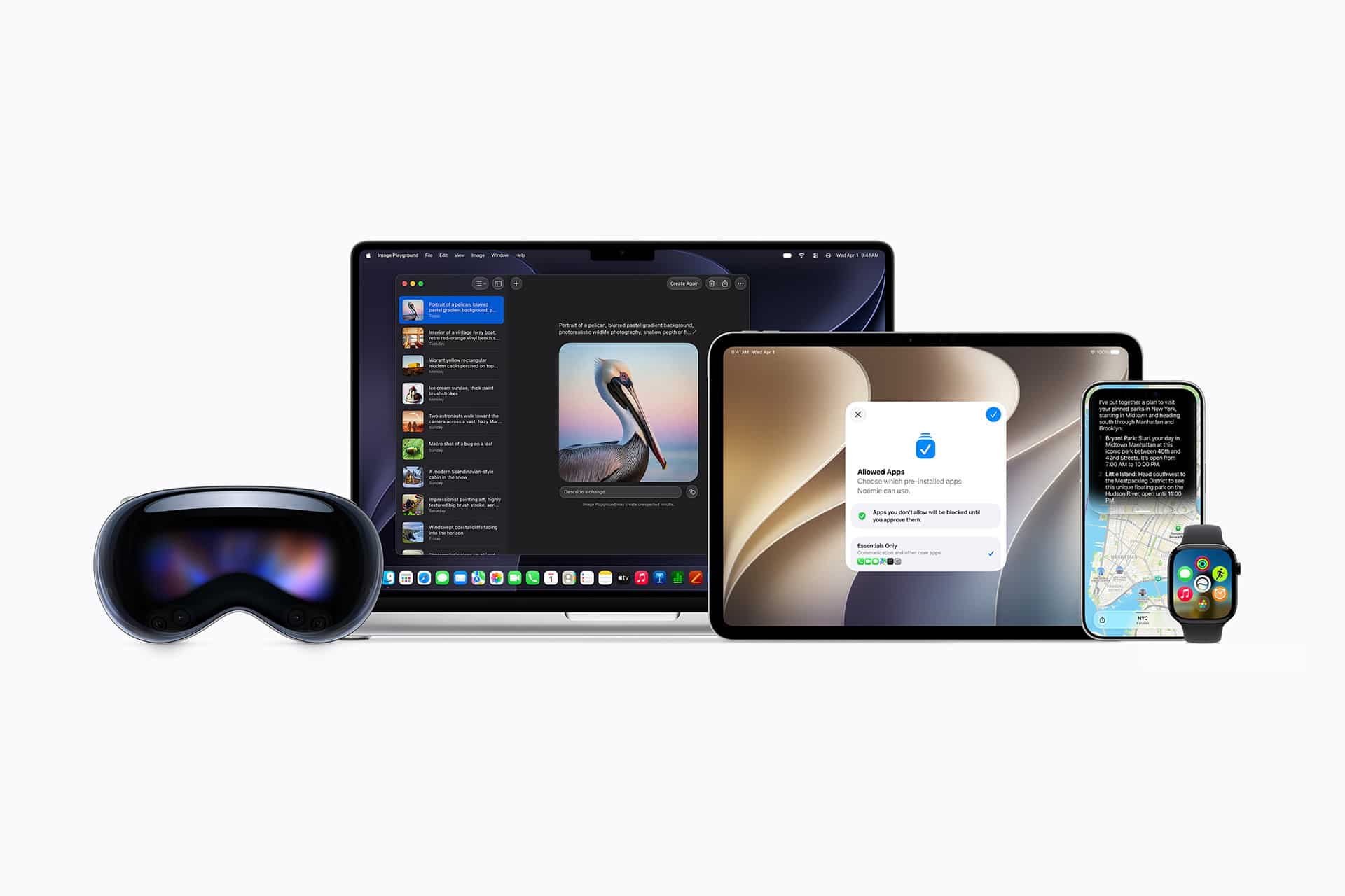 A set of Apple devices—laptop, tablet, smartwatch, smartphone, and headset—are displayed in a row on a white background, showcasing various apps and interfaces on their screens and highlighting the device longevity that Apple products are known for.