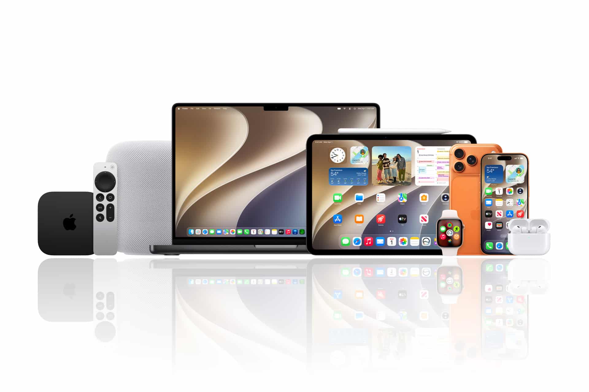 A collection of Apple products, including a MacBook, iPad, iPhone running the latest iOS 17 public beta from the Apple Beta Software Program, Apple Watch, AirPods, HomePod, and Apple TV, displayed on a reflective white surface.