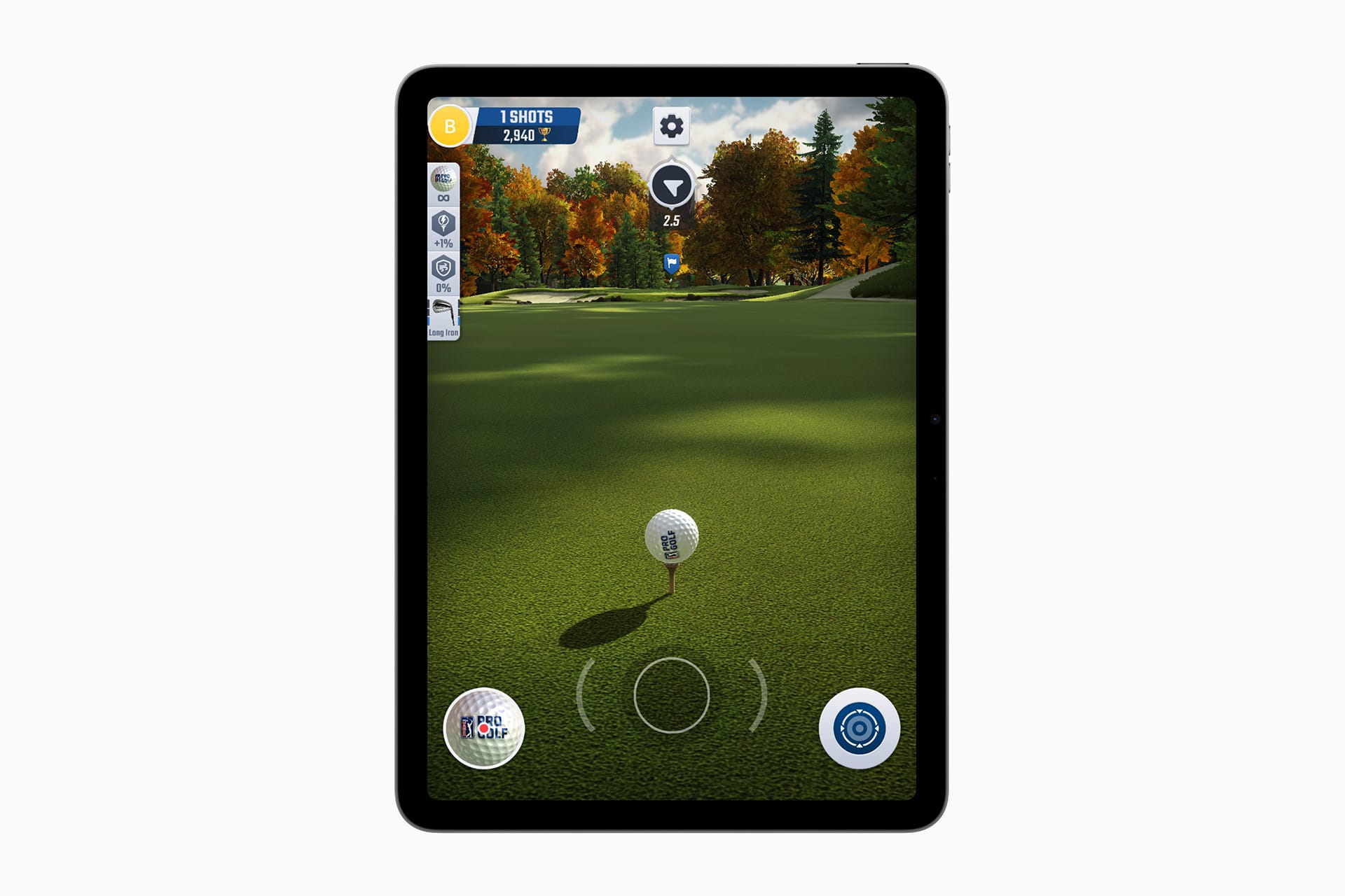 A tablet screen displays a golf video game, showing a golf ball on a green fairway with controls and game stats overlaid, set against a backdrop of trees under a partly cloudy sky—an immersive experience that showcases the polished graphics and intuitive gameplay characteristic of Apple Arcade titles.