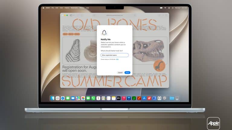 A MacBook screen displays a Safari browser window with a summer camp website and a pop-up notification prompt for Safari alerts, set against a neutral gradient background with a small Apple logo in the corner.