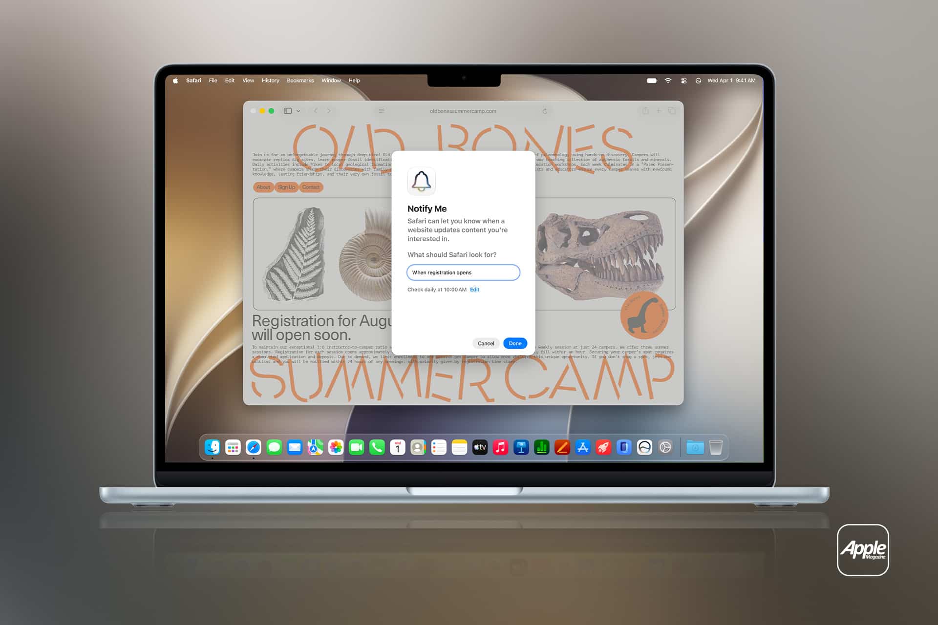 A MacBook screen displays a Safari browser window with a summer camp website and a pop-up notification prompt for Safari alerts, set against a neutral gradient background with a small Apple logo in the corner.