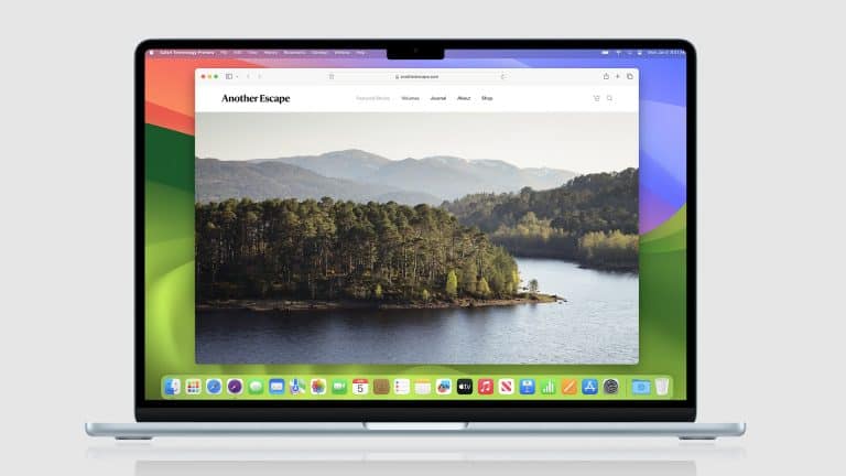 A MacBook displays a website called “Another Escape” featuring a scenic lake and forest landscape, open in Safari. The desktop has a colorful abstract wallpaper and app icons—including Safari MCP Server—along the dock at the bottom of the screen.