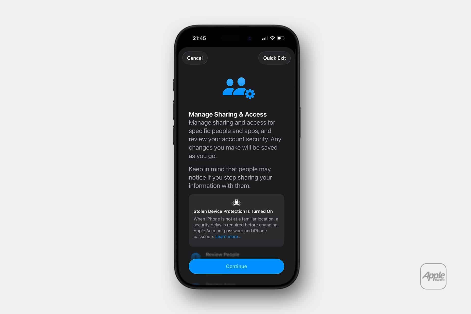 A smartphone screen displays a "Manage Sharing & Access" prompt with options to review people and continue, plus Quick Exit and Cancel buttons. Designed with iPhone privacy in mind, the interface also hints at features like Safety Check to help users stay in control. The Apple logo appears in the bottom right corner.