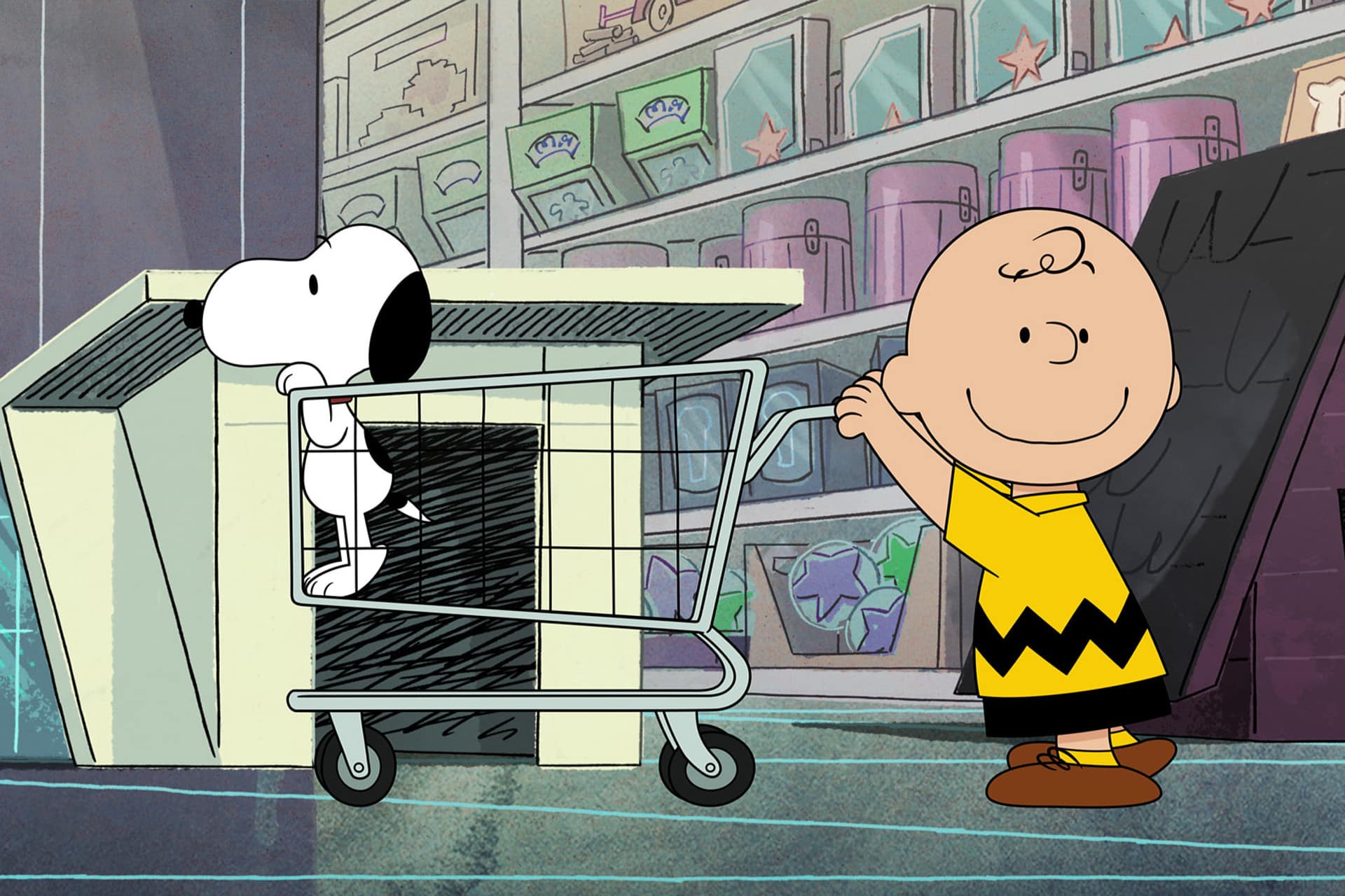 Charlie Brown pushes a shopping cart with Snoopy inside it through a store aisle filled with colorful products on shelves, capturing the heartwarming charm of a Peanuts special like those featured in "Snoopy Presents" on Apple TV.