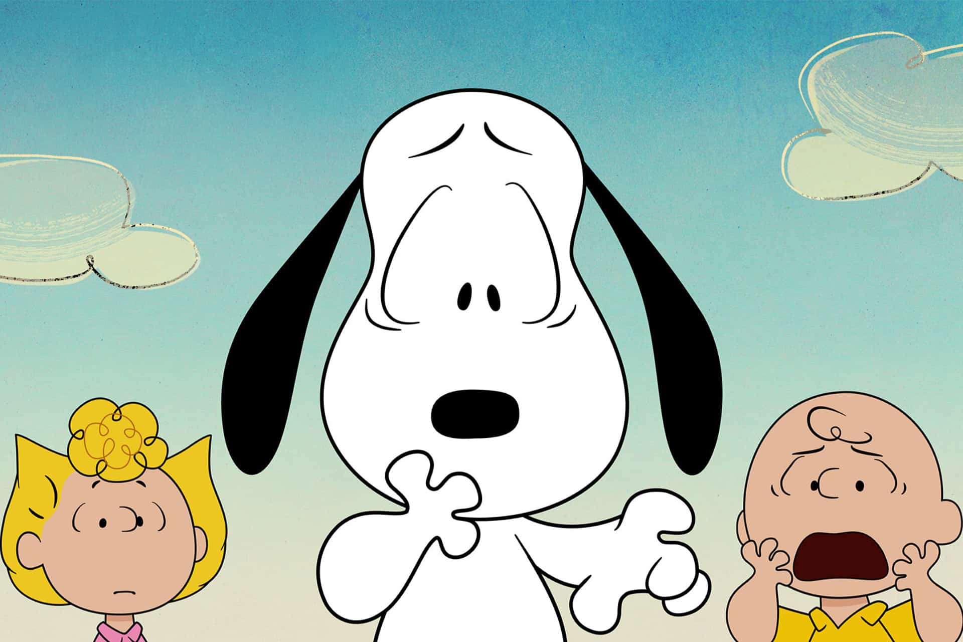 Snoopy looks surprised with one paw up, while Sally and Charlie Brown stand on either side, both appearing shocked. Set against a blue sky with simple clouds, this scene perfectly captures the whimsical charm of a classic Peanuts special as seen in Snoopy Presents on Apple TV.