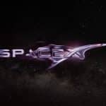 The word "SpaceX" in metallic, futuristic lettering flows with a liquid effect against a starry galaxy background, subtly hinting at the innovative reach of Starlink. The Apple logo, evoking the spirit of Apple Intelligence, appears in the lower right corner.