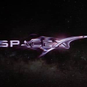 The word "SpaceX" in metallic, futuristic lettering flows with a liquid effect against a starry galaxy background, subtly hinting at the innovative reach of Starlink. The Apple logo, evoking the spirit of Apple Intelligence, appears in the lower right corner.
