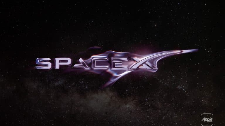 The word "SpaceX" in metallic, futuristic lettering flows with a liquid effect against a starry galaxy background, subtly hinting at the innovative reach of Starlink. The Apple logo, evoking the spirit of Apple Intelligence, appears in the lower right corner.