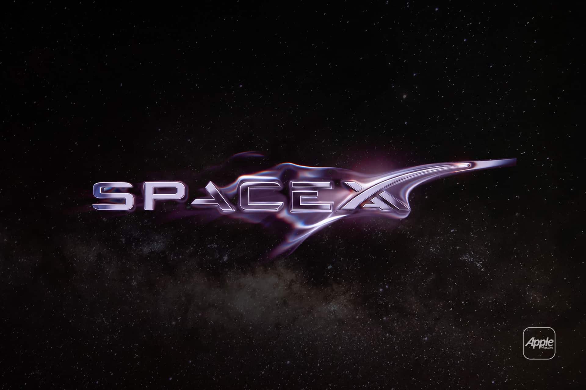 The word "SpaceX" in metallic, futuristic lettering flows with a liquid effect against a starry galaxy background, subtly hinting at the innovative reach of Starlink. The Apple logo, evoking the spirit of Apple Intelligence, appears in the lower right corner.