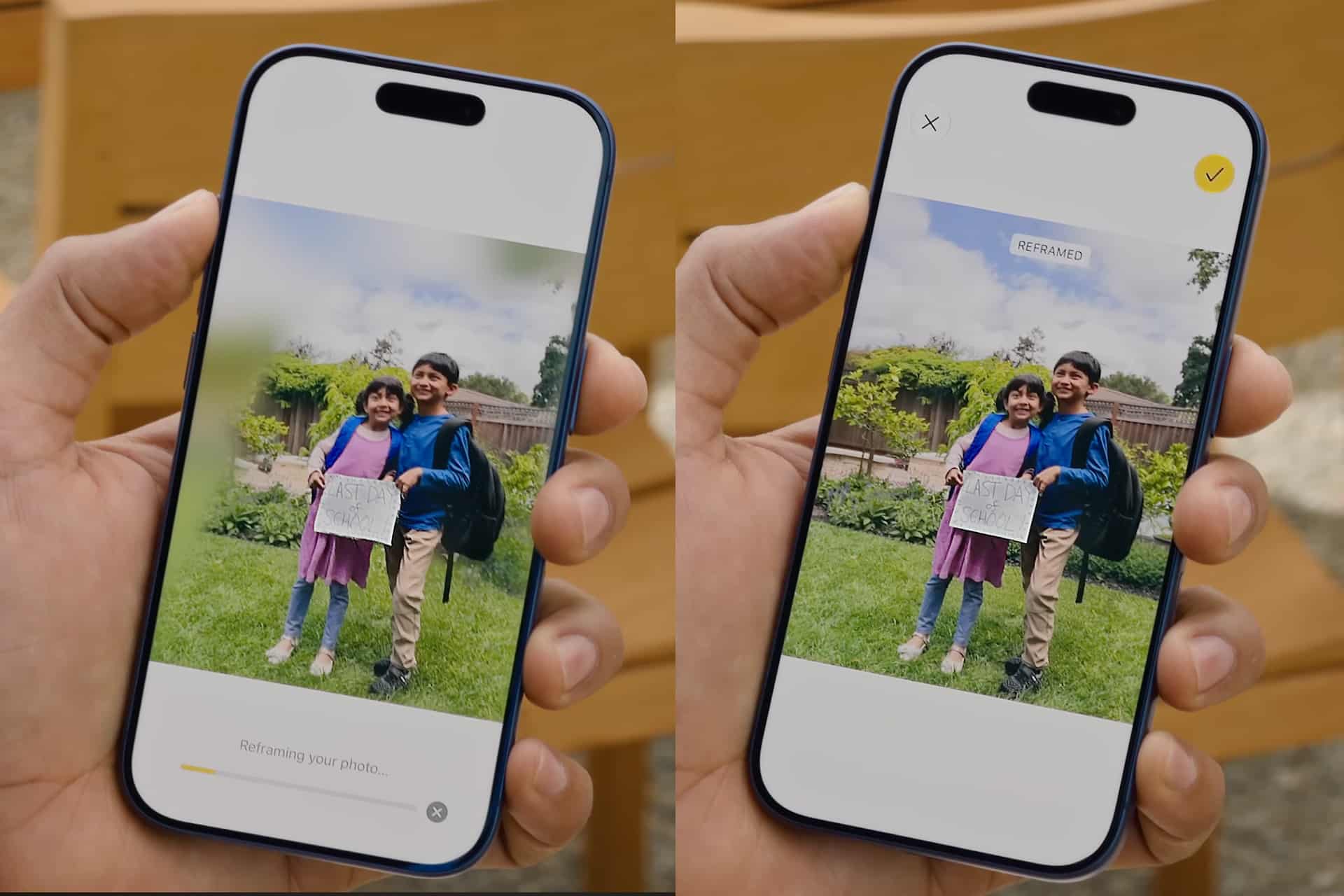 A hand holds a smartphone showing a photo of two smiling children outdoors. The left screen displays "Spatial Reframing your photo..." in the Photos app, and the right screen shows the reframed photo with a yellow checkmark—making your spatial memories even more vibrant and meaningful.