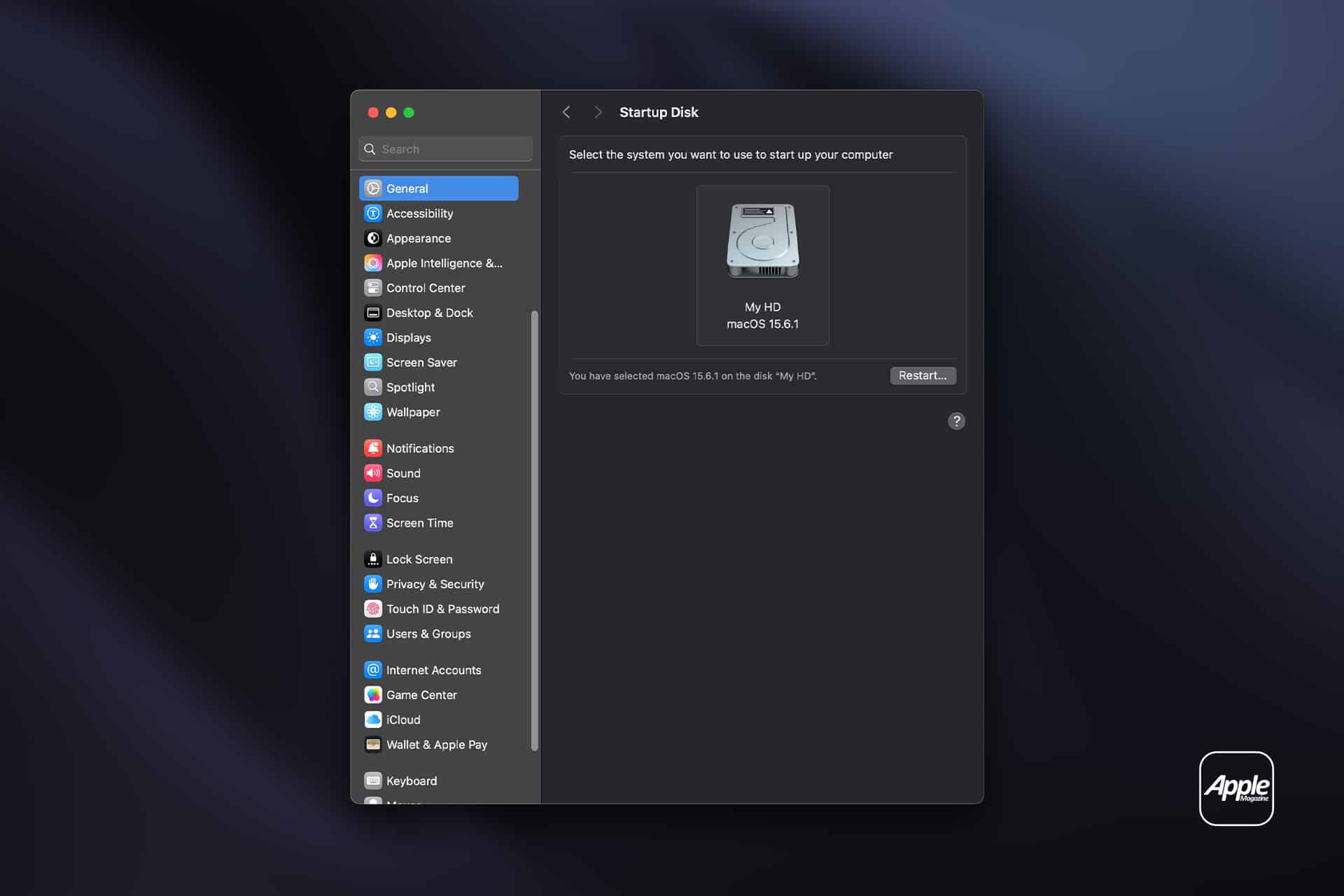 Mac PRAM - A Mac computer screen showing the System Settings menu open to "Startup Disk," with "My HD" selected as the startup disk, and the Apple logo in the bottom right corner—an essential step that can help after a Mac NVRAM reset.